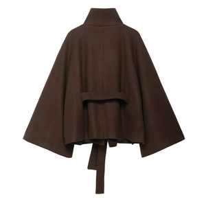 Deep brown high-neck wool blend poncho coat with wide flared sleeves and a back belt
