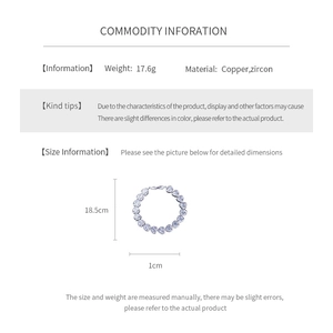 Detailed technical specs for sparkling heart zircon bracelet with 18.5cm length and 1cm width