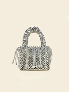 Fashion Silver Beaded Handbag Handmade Woven Acrylic Beads Tassel Bucket Bag Evening Party Streetwear For Women Stylish
