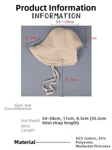 Detailed measurement of beige breathable knit bucket hat with cotton blend material specifications