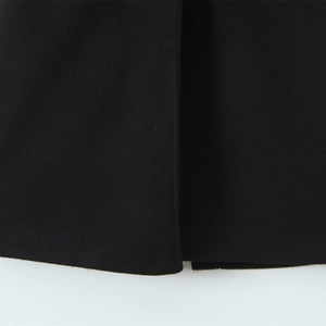 Detailed close-up showing the premium wool fabric texture and stitching of the black coat