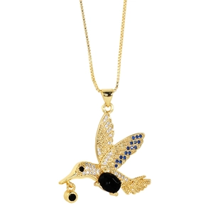 Elegant gold hummingbird necklace with colorful zircon and black gemstone pendant
