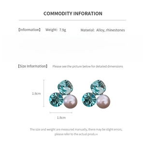 Detail specifications of rhinestone flower earrings featuring blue crystal and pearl