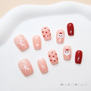 Handmade Press On Nails Short Square Round ABS Plastic Reusable Pink Red Cartoon Puppy Polka Dot Bowknot Sweet Style