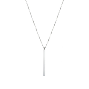 Minimalist silver stainless steel vertical rectangle pendant necklace on white background