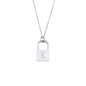 Minimalist stainless steel padlock necklace with engraved letter K on silver pendant