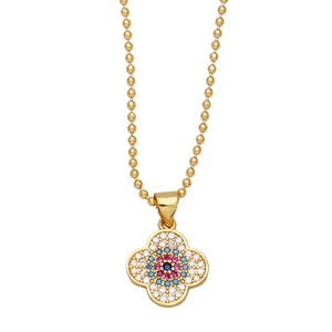 Goldene Kugelkette mit Kleeblatt-Anhänger, verziert mit bunten Zirkonia im Evil-Eye-Stil