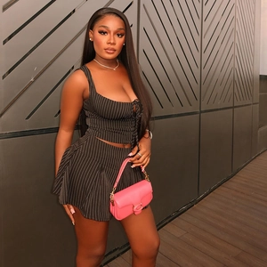 Striped Camisole Top And Mini Skirt Polyester Spandex Lace Up Ruched Slim Fit Sexy Streetwear For Women
