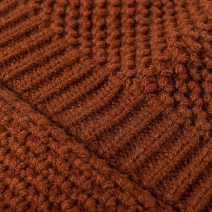 Women's knit beanie in caramel color with thick honeycomb stitch and ribbed texture