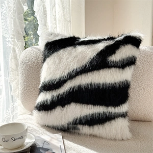 Nordic zebra print faux fur throw pillow in classic black and white stripes for sofa