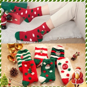 Christmas coral fleece warm socks with Santa and reindeer patterns for cozy winter home wear