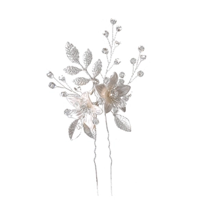 Elegant white pearl flower hair pin with silver leaves and crystals for bridal wedding
