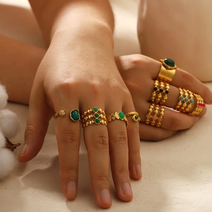 Vintage 18K Gold Plated Open Adjustable Rings Malachite Zircon Turquoise Bohemian Retro Geometric Jewelry For Women