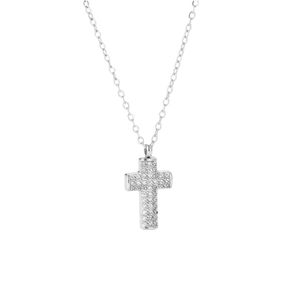 Elegant silver cross necklace with pave-set cubic zirconia on a minimalist cable chain