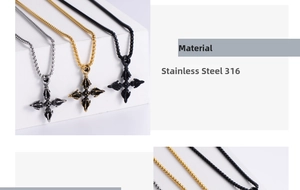 Detailed macro view of 316 stainless steel cross pendants in silver, gold and black