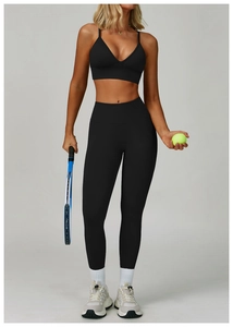 Détails de l'ensemble de yoga noir sans couture avec legging gainant et brassière