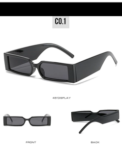 Three-angle view of black rectangular sunglasses showing front, back, and 45-degree angle