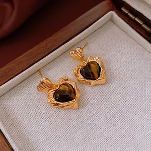 Boucles D Oreilles Coeur Vintage Avec Support En Argent Cuivre Plaqué Or Oeil De Tigre Artificiel Chic Français Femmes