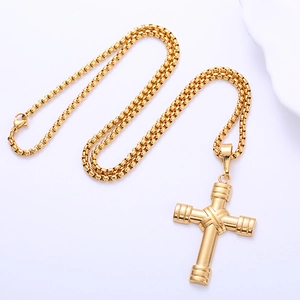 Classic 18k gold plated stainless steel cross pendant necklace with box chain