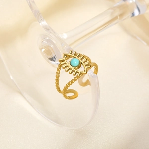 Adjustable 18K gold-plated stainless steel ring with turquoise evil eye bead