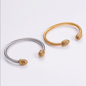 316L Stainless Steel Twisted Cable Bangle Bracelet Gold Plated Open Cuff Two Tone Retro Jewelry For Women