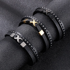 Men's multilayer black leather bracelet set with cross stainless steel magnetic clasps