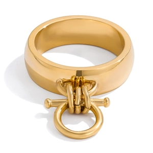 Polished gold wide stainless steel ring featuring a classic toggle bar decorative element