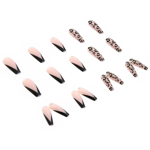 Long coffin press-on nails with leopard print, nude pink base, and rhinestone accents