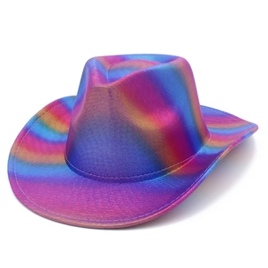 Detailed view of holographic cowboy hat featuring iridescent rainbow metallic texture