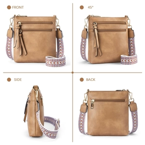 Borsa a tracolla marrone in ecopelle con cerniere e tracolla etnica in quattro viste