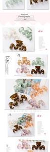 Variety of resin hair claw clips in stylish patterns shown on minimalist lifestyle background