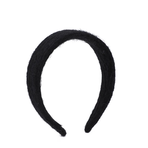 Minimalist black fuzzy plush knit headband for women with a vintage wide brim design