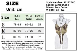 Guide des tailles pour crop top licou camouflage avec mesures S, M, L et détails du coton