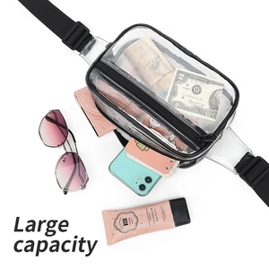 Clear PVC fanny pack with black strap showing large capacity with lifestyle items