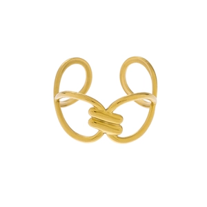 Detail of a hollow gold-plated ring showing intertwined bands and adjustable open-end design