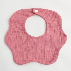 Pink 6-layer thick cotton muslin baby bib with petal shape and soft snap closure