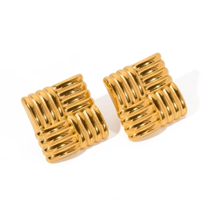 Square woven texture 18k gold plated stainless steel stud earrings in a minimalist style