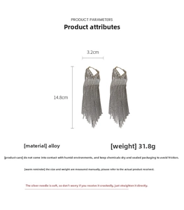 Detailed size specifications for metallic silver tassel chain earrings with dimensions