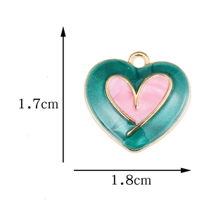 Pink and green heart-shaped alloy pendant with gold edges for DIY jewelry making