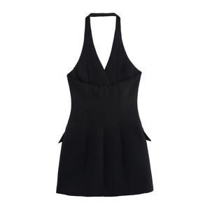 Elegant black halter neck mini dress with a sleeveless blazer-style design for a chic look