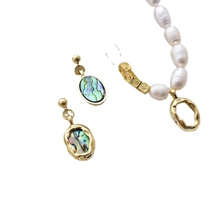 14k gold-filled pearl necklace and abalone shell earrings set for jewelry making