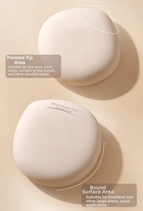 Dual-design makeup puff showing teardrop tip for detail and round side for large areas
