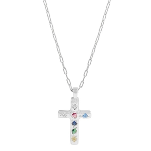 Collana a croce argento con zirconi colorati e ciondolo a catena a graffetta testurizzata