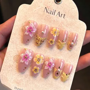 3D Flower Press On Nails Almond Shape Handmade Pink Yellow Gradient Artificial Pearl Rhinestone Elegant Artificial Fingernails