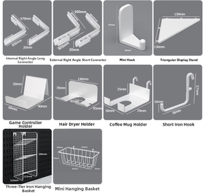 White pegboard accessory set including hooks, racks, and baskets with detailed dimensions