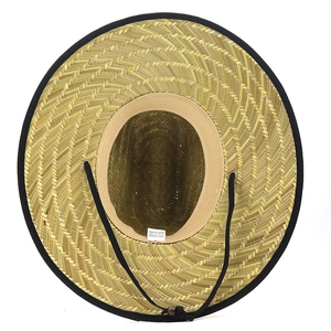 Handmade woven paper straw sun hat with wide black brim and natural wood tone base