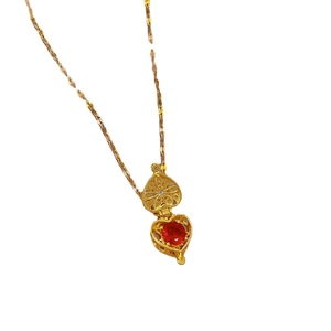 Titanium steel heart locket necklace with vintage镂空 design and red zircon stone