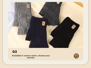Detail of knitted fingerless alpaca wool gloves with deer patch in four colors