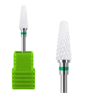 White ceramic nail drill bit with green band and storage base for electric manicures
