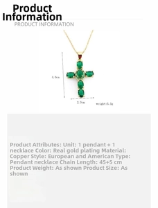 Detail showing 4.0x2.3cm gold plated copper cross pendant with green stones